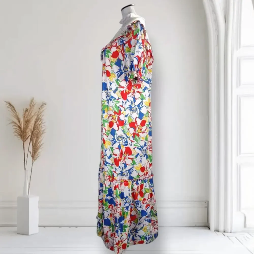 Vintage 70s Floral Muumuu Maxi Dress Lace Yoke Hawaiian House Dress USA Size 14